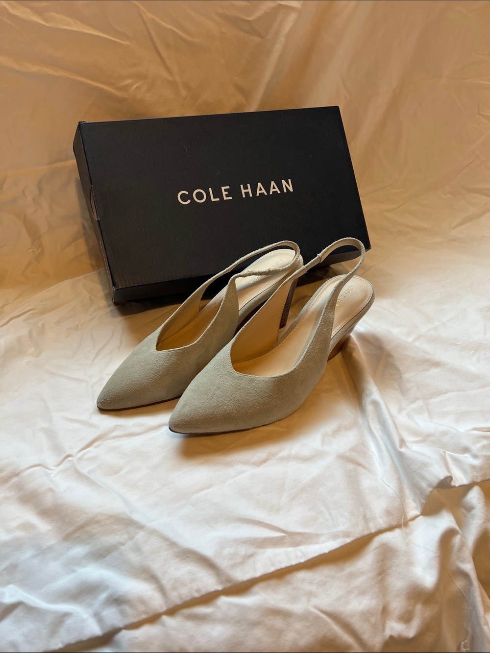 Cole Haan Taupe Suede Slingback Wedge Heels